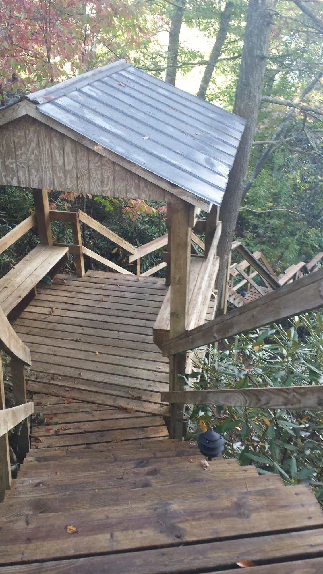 Metal roofed shelter over wooden steps on a wooded walkway — Skylight Repair & Installation work by our crew in Hungerford